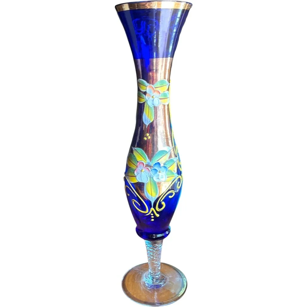 Vintage Cobalt Blue Glass Bud Vase Hand Painted Floral Gold Trim Murano Style